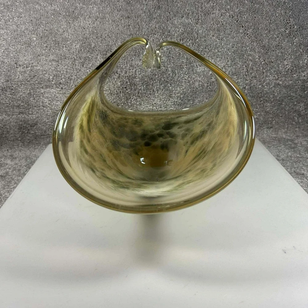 Featherlike Art Glass Bowl Amber Brown Mottled Pinched Rim Centerpiece Vase‎